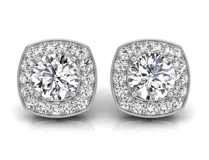 Round Cut  Double Halo Moissanite Stud Diamond Earrings in 14k White Gold