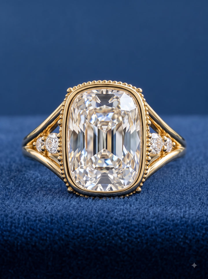 4.50CT Elongated Cushion Lab Grown Diamond Bezel Vintage Engagement Ring