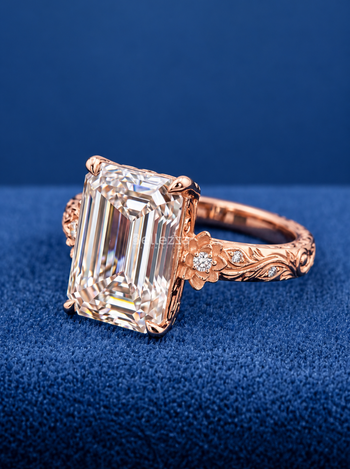 3.0CT Emerald Cut Floral Vine Lab Grown Diamond Engagement Ring