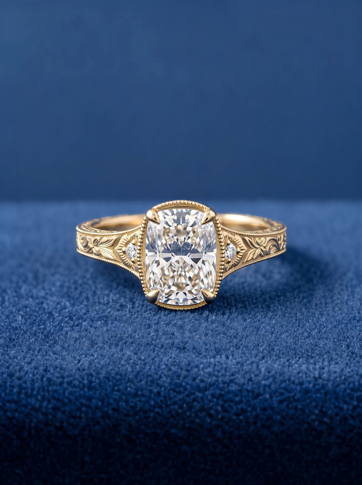 2.50CT Cushion Lab Grown Diamond Engraved Milgrain Engagement Ring