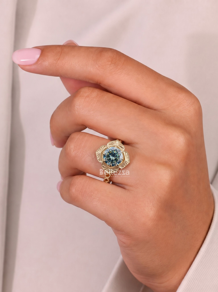 2.0CT Vintage Blue Round Lab Grown Diamond Unique Engagement Ring