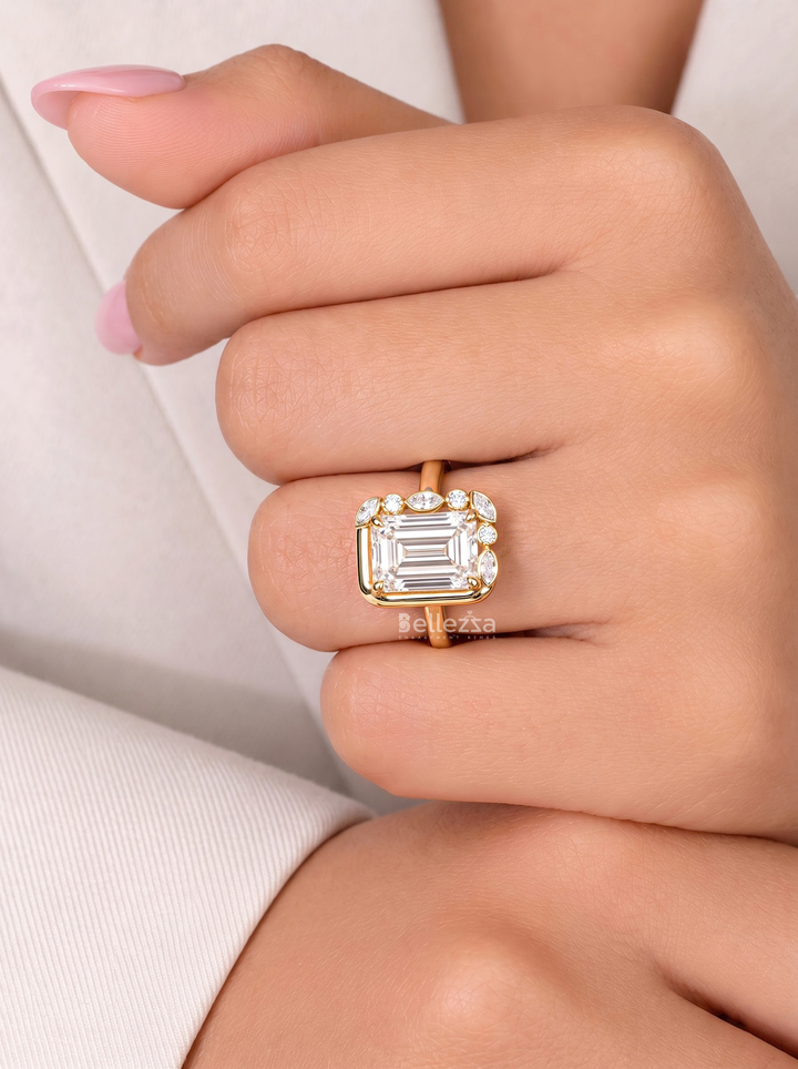 2.0CT Emerald Cut Diamond Asymmetrical Accent Engagement Ring