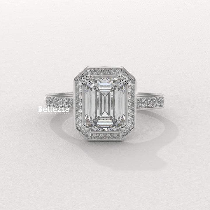 2.0-3.0CT Emerald Cut CVD Diamond Halo Pave Set Engagement Ring