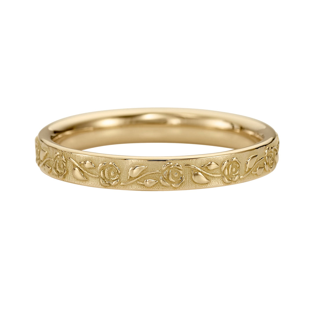 14K Solid Gold Rose Design Engraved Unique Wedding Band