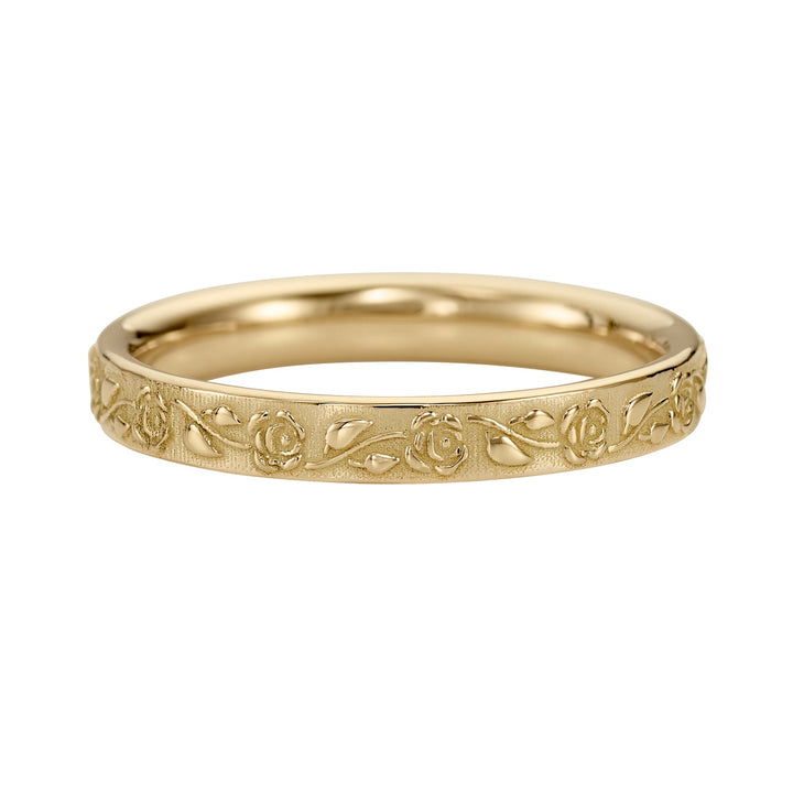 14K Solid Gold Rose Design Engraved Unique Wedding Band