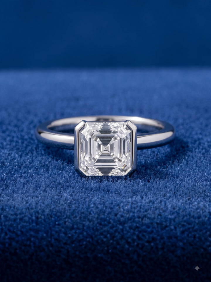 1.0-3.10 CT Asscher   Lab Grown Diamond Half Bezel Style Engagement Ring