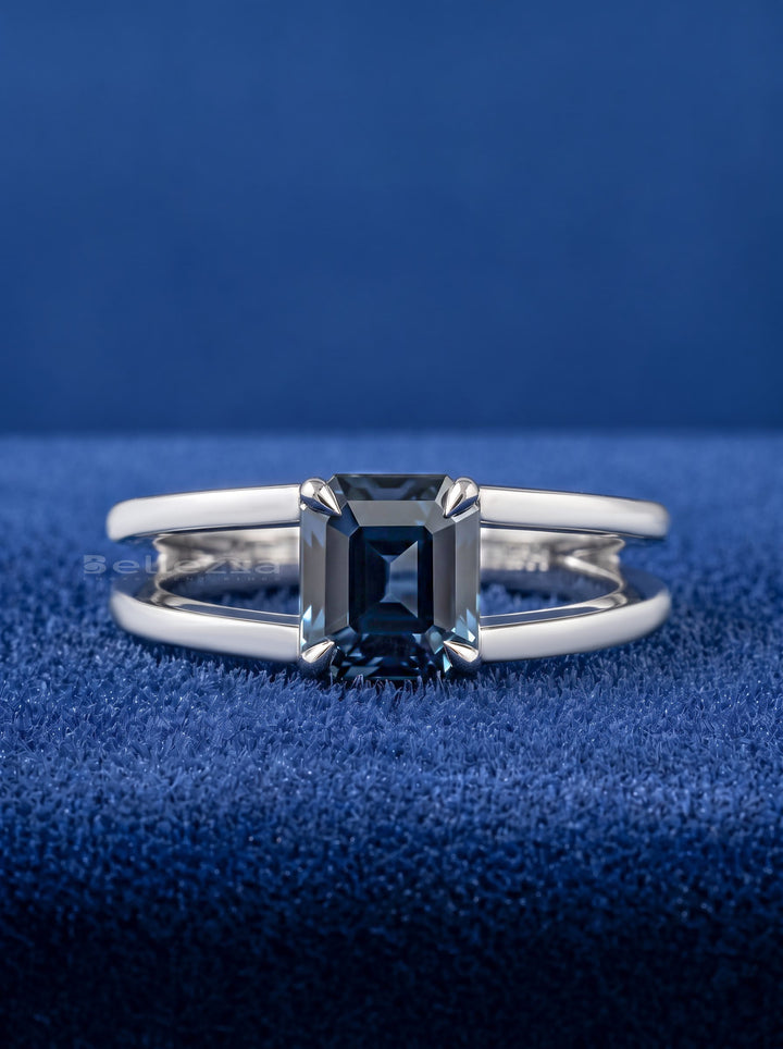 1.50CT Teal Blue Sapphire Emerald Cut Split Shank Lab Grown Engagement Ring