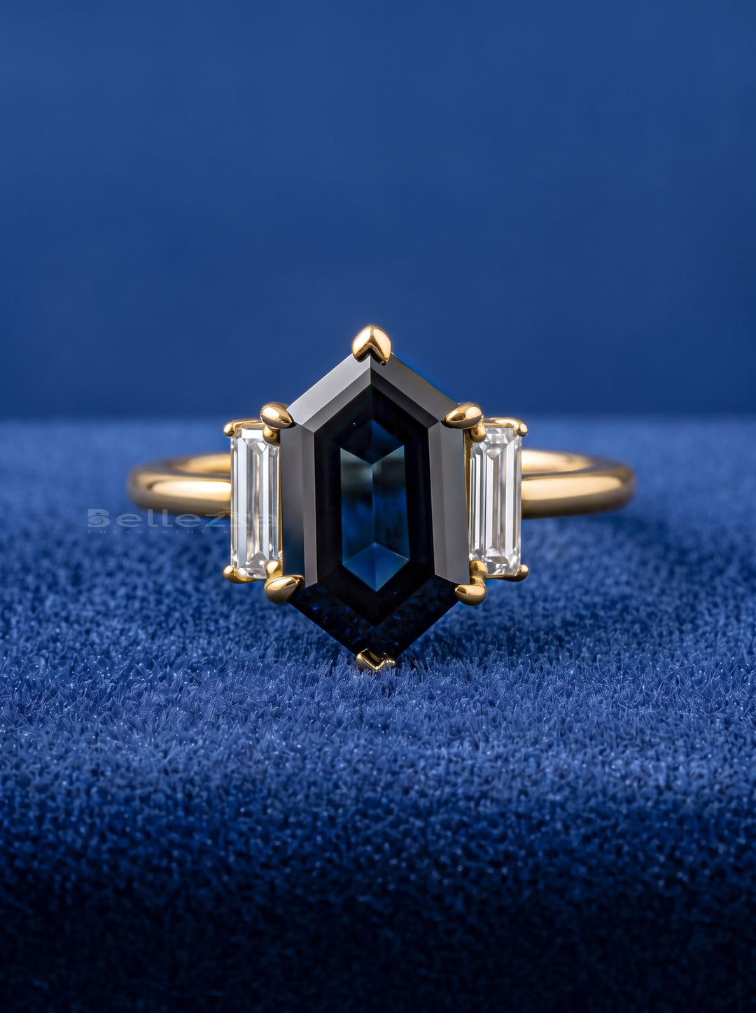 3.50CT Blue Sapphire Elongated Hexagon Diamond Three Stone Lab Grown Ring