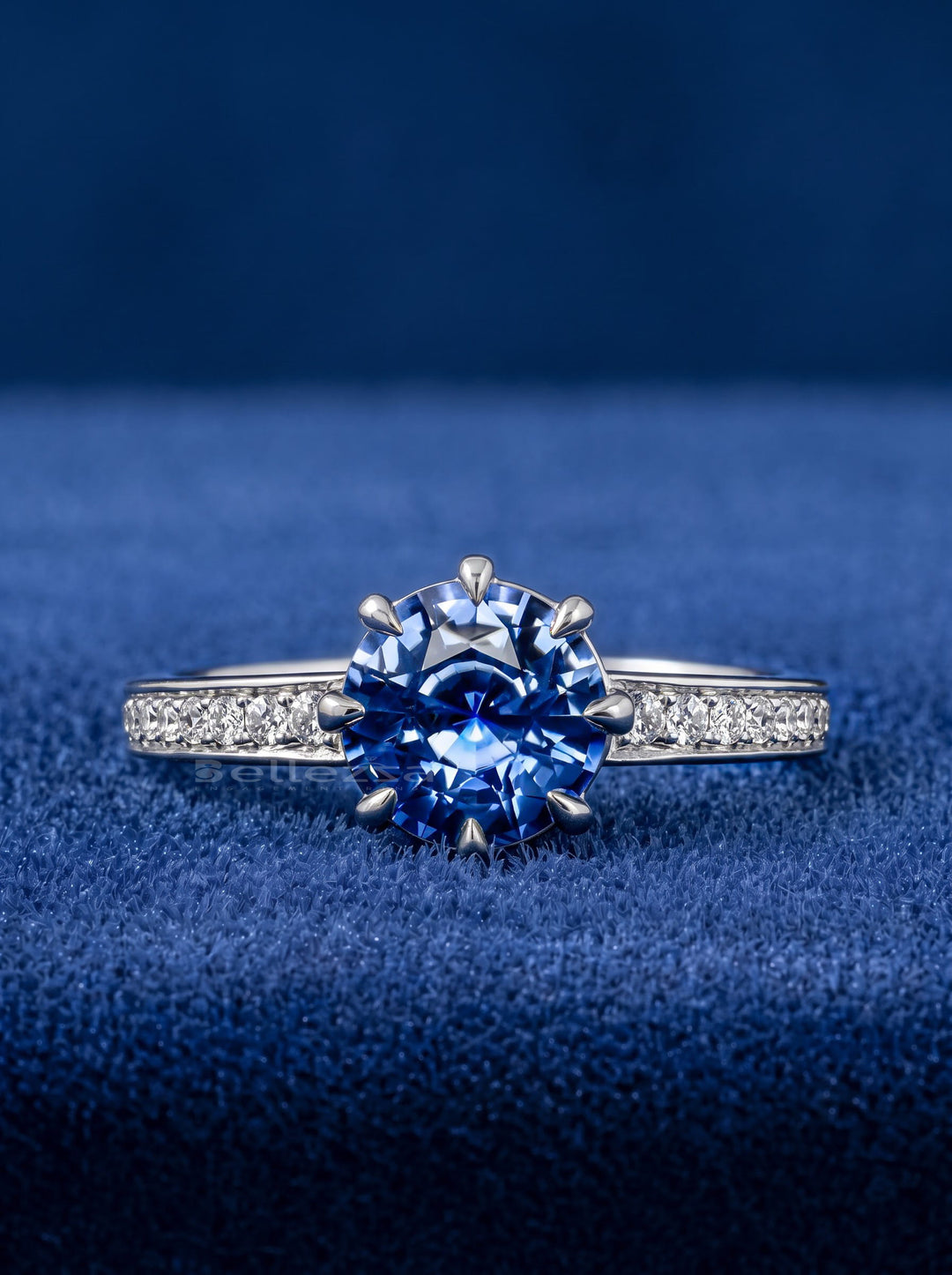 1.50CT Blue Sapphire Round Diamond Pave Setting Lab Grown Ring