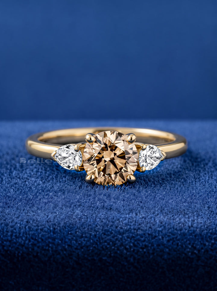 1.0CT Champagne Round Diamond Three Stone Lab Grown Engagement Ring