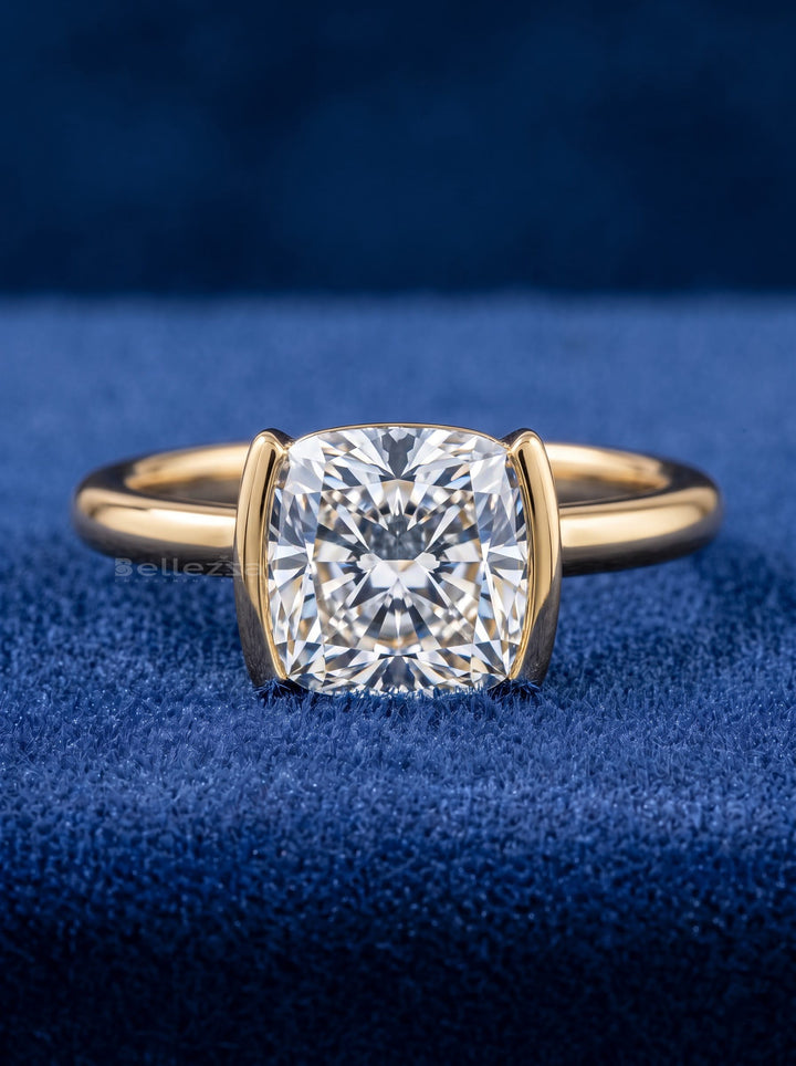 1.0-3.0CT Cushion  Lab Grown Diamond Half Bezel Style Engagement Ring