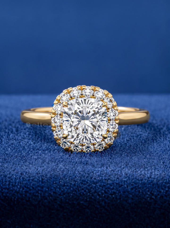 1.0-2.0CT Cushion Cut Lab Grown Diamond Halo Setting Engagement Ring