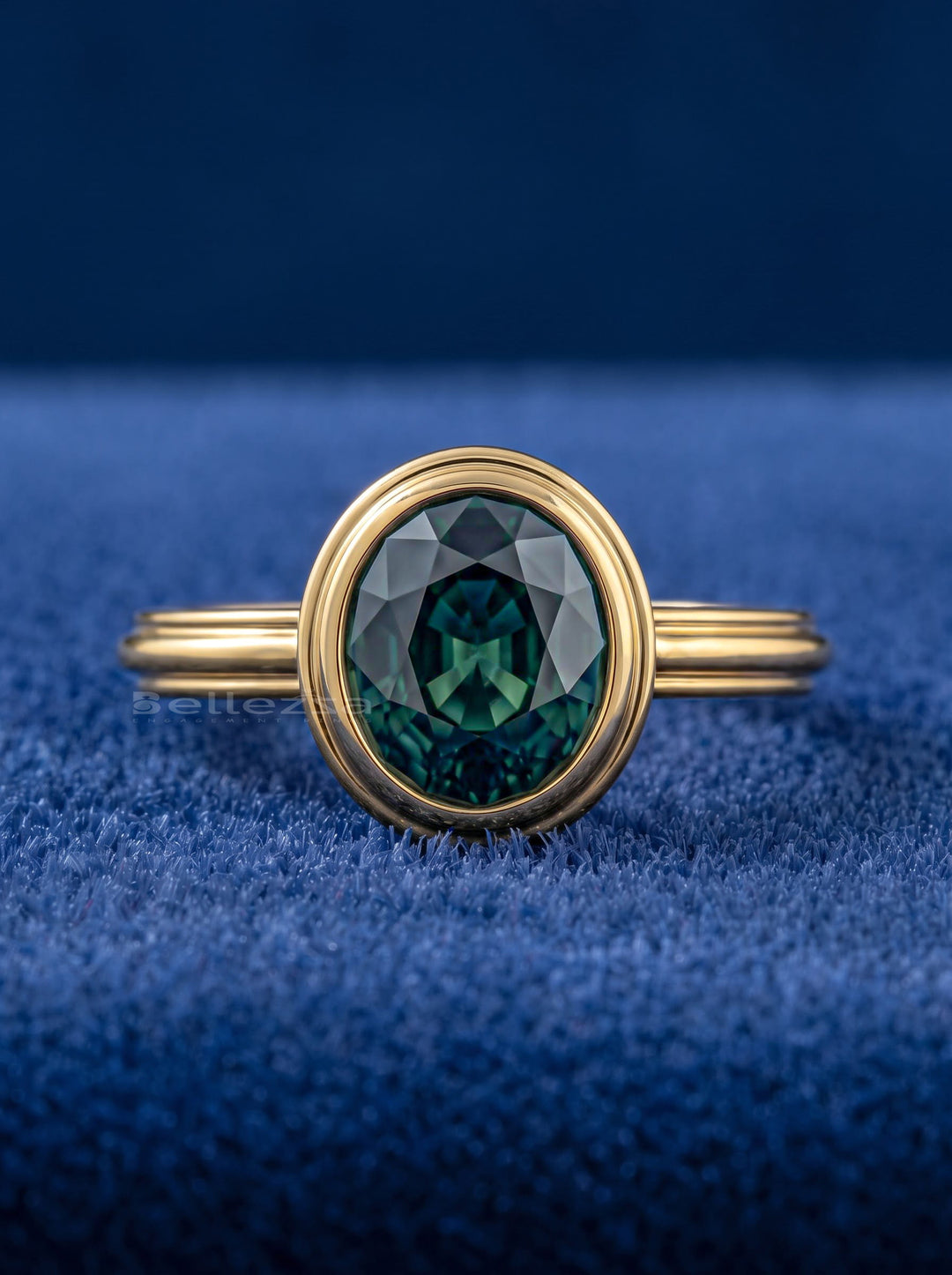 2.0CT Green Oval Sapphire Cut Diamond Bezel Setting Lab Grown Ring