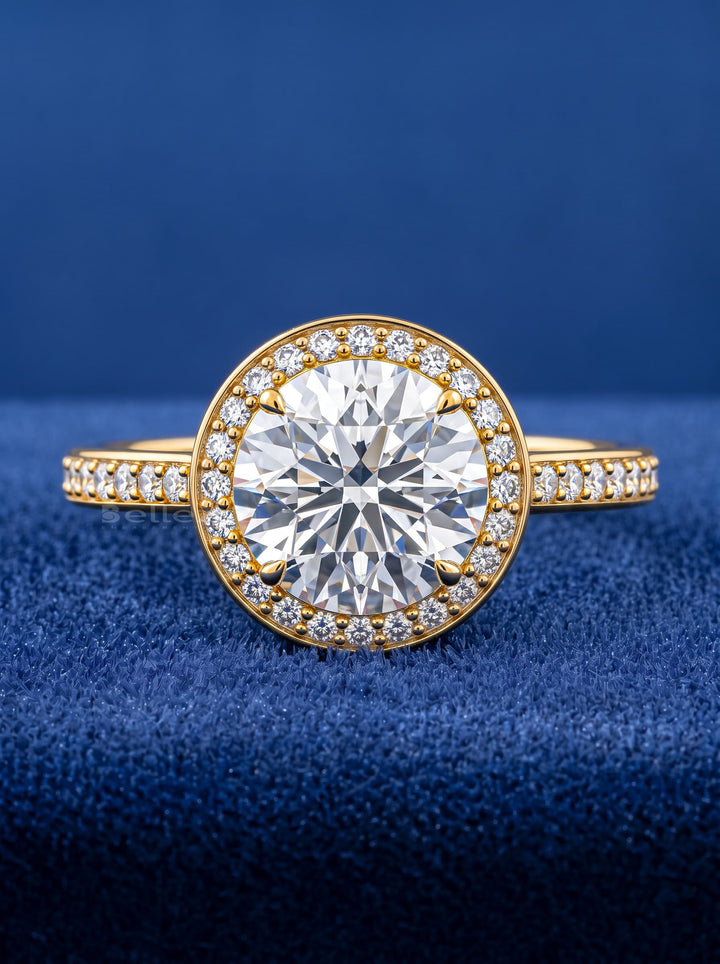 1.0-2.0CT Round Cut CVD Diamond Halo Pave Setting Engagement Ring