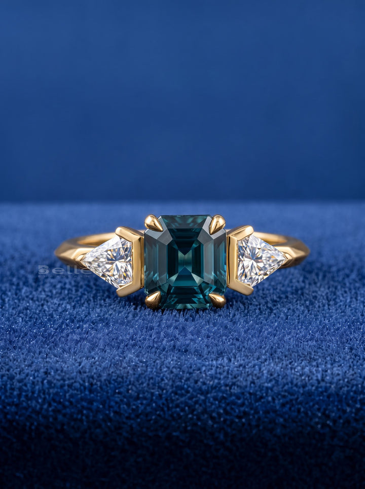 1.50CT Teal Blue Asscher Diamond Three Stone Lab Grown Engagement Ring