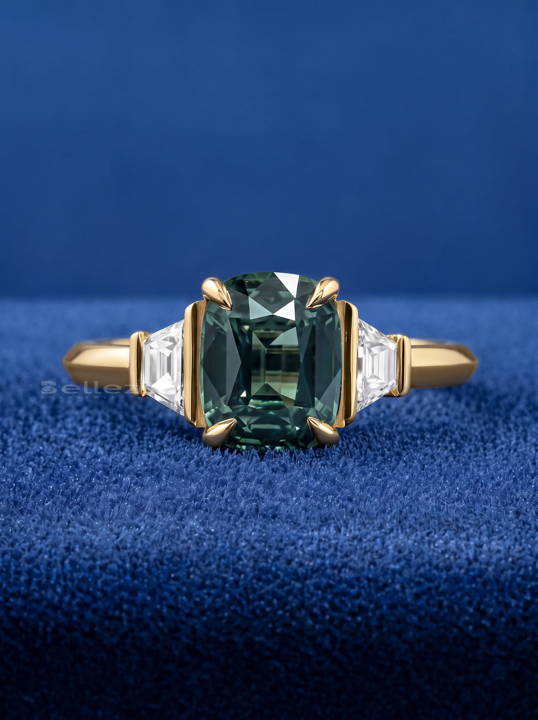 2.50CT Teal Sapphire Elongated Cushion Cut Three Stone Lab Grown Ring