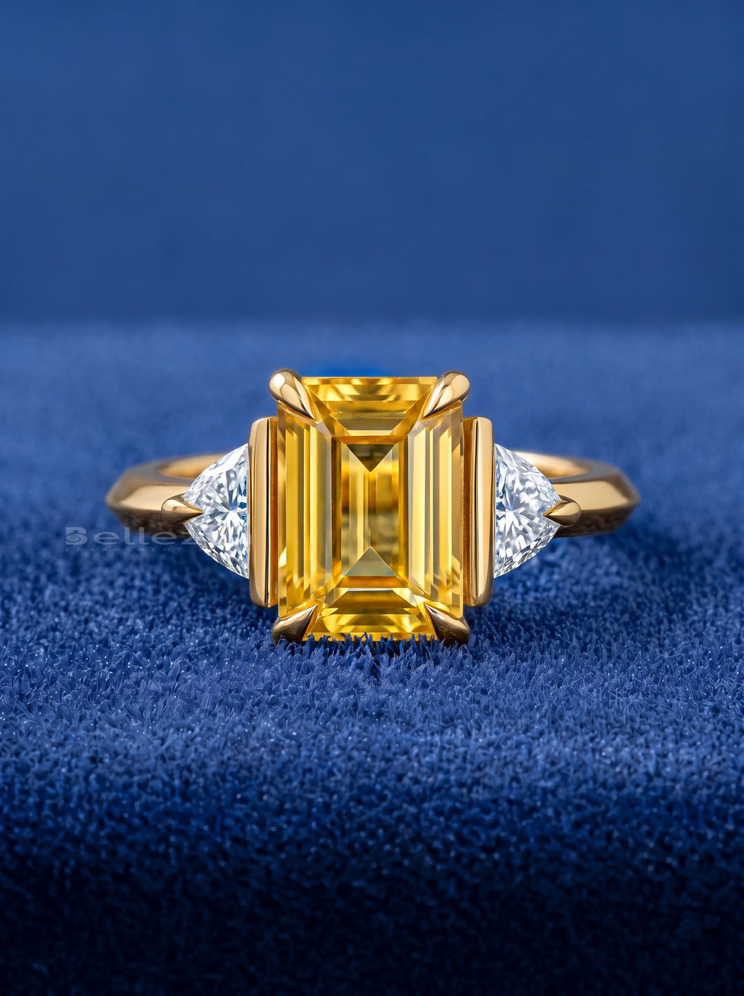 2.0CT Fancy Yellow Emerald Cut Diamond Three Stone Lab Grown Ring