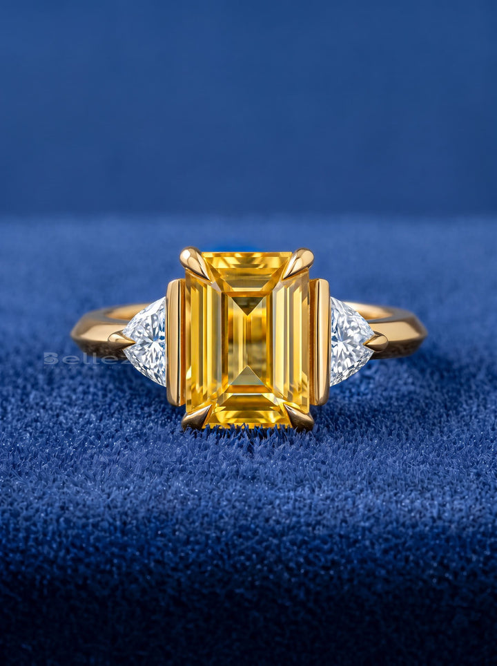2.0CT Fancy Yellow Emerald Cut Diamond Three Stone Lab Grown Ring