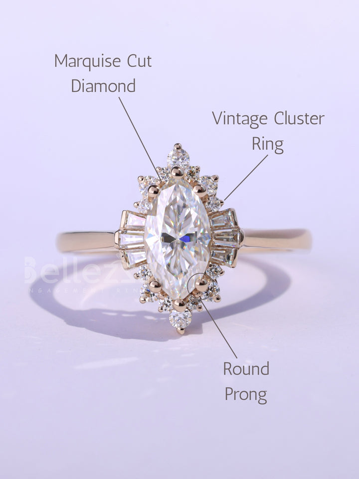 1.0CT-2.0CT Marquise Cut Cluster Moissanite Engagement Ring