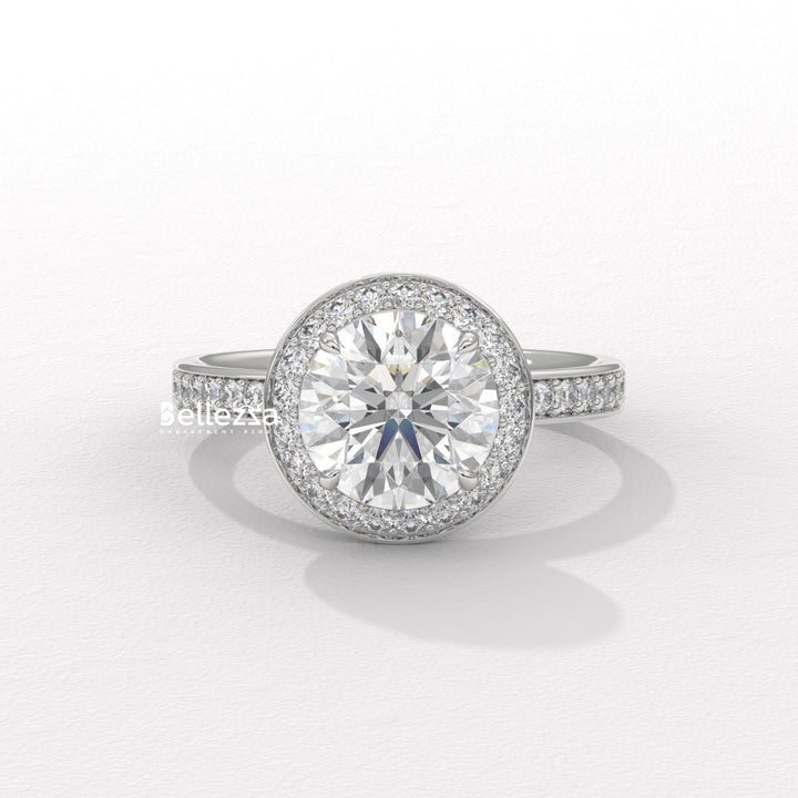 1.50-2.50CT Round Cut CVD Diamond Halo Pave Setting Engagement Ring