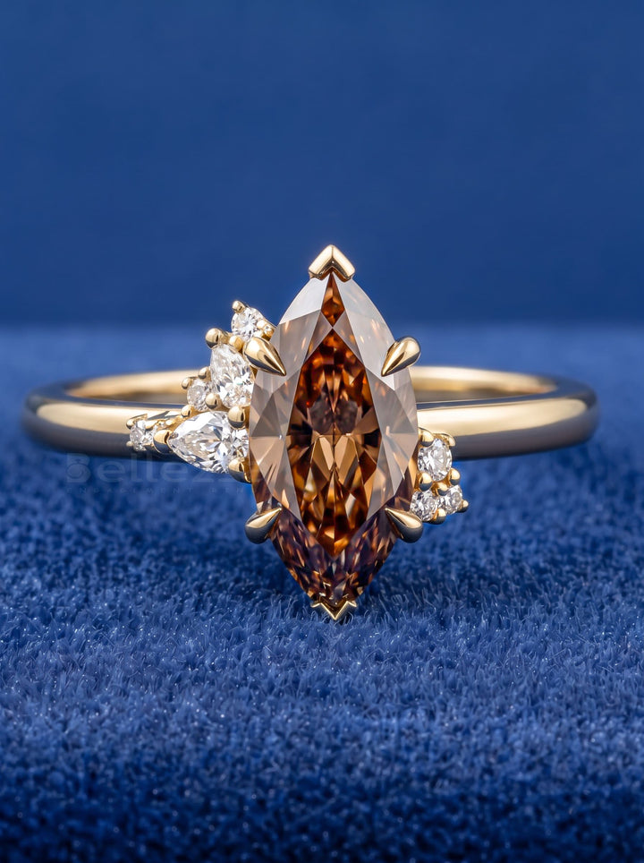1.50CT Fancy Brown Marquise Diamond Cluster Setting Lab Grown Engagement Ring