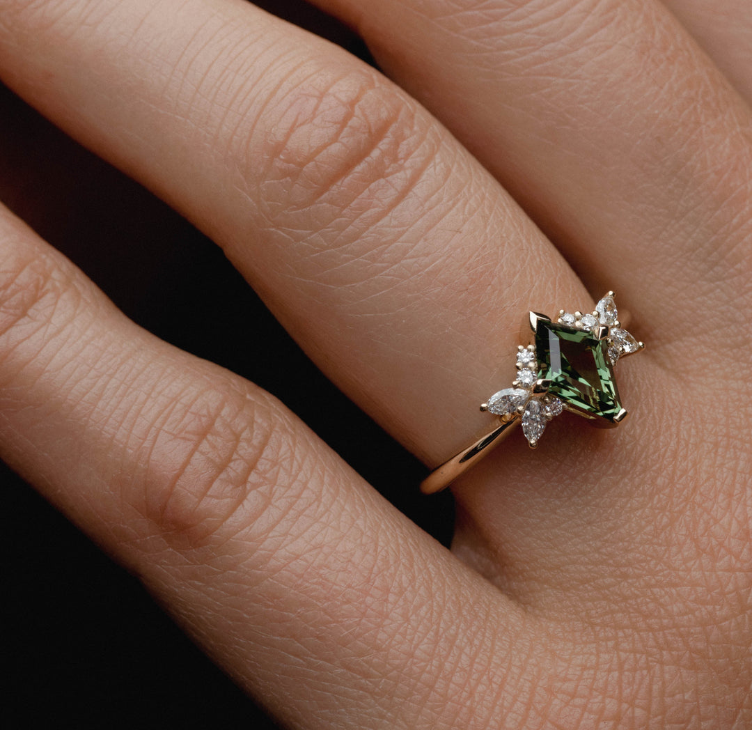 1.50CT Green Australian Sapphire Kite Cut Cluster Setting Lab Grown Engagement Ring