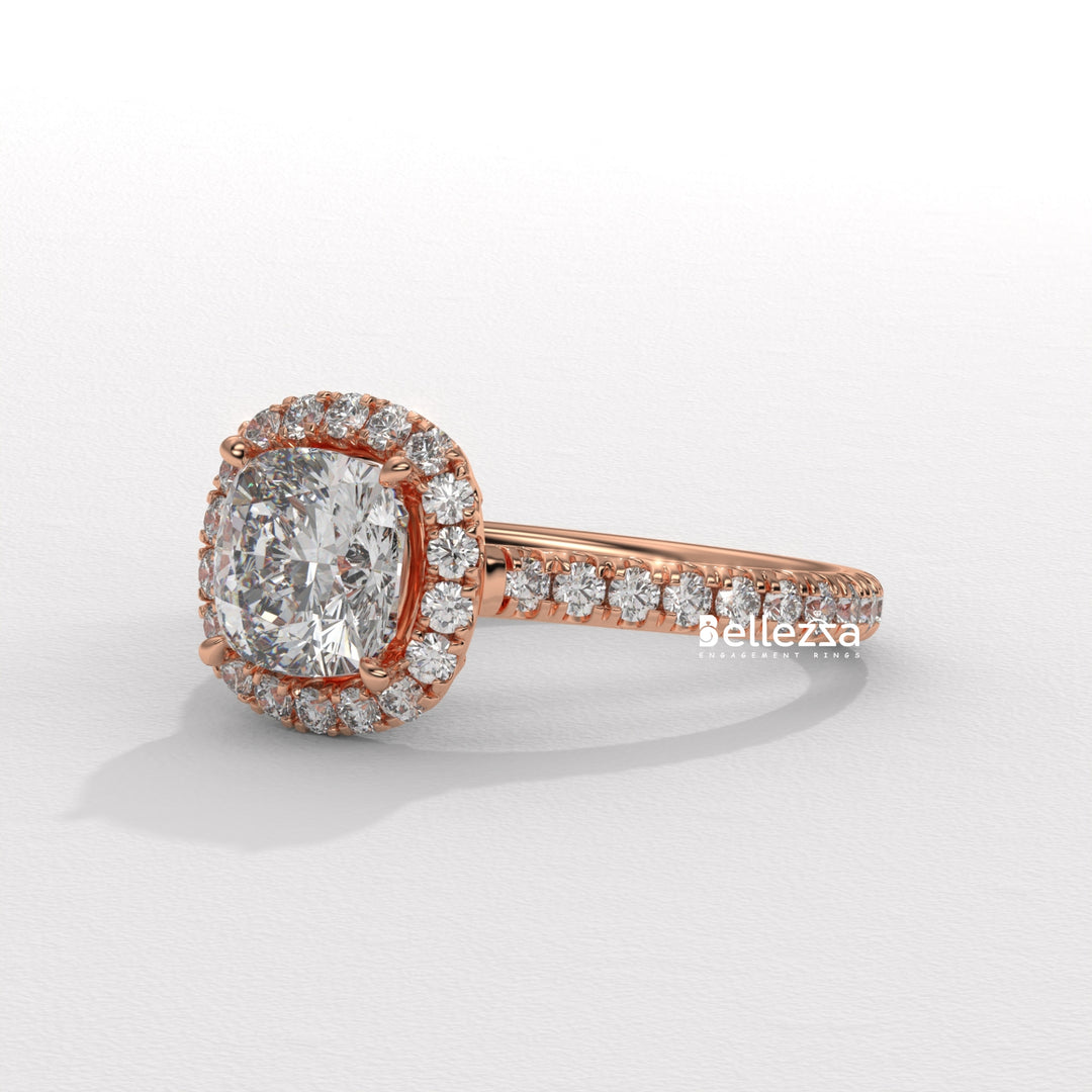 1.0-2.0CT Cushion Cut CVD Diamond Halo Pave Setting Engagement Ring
