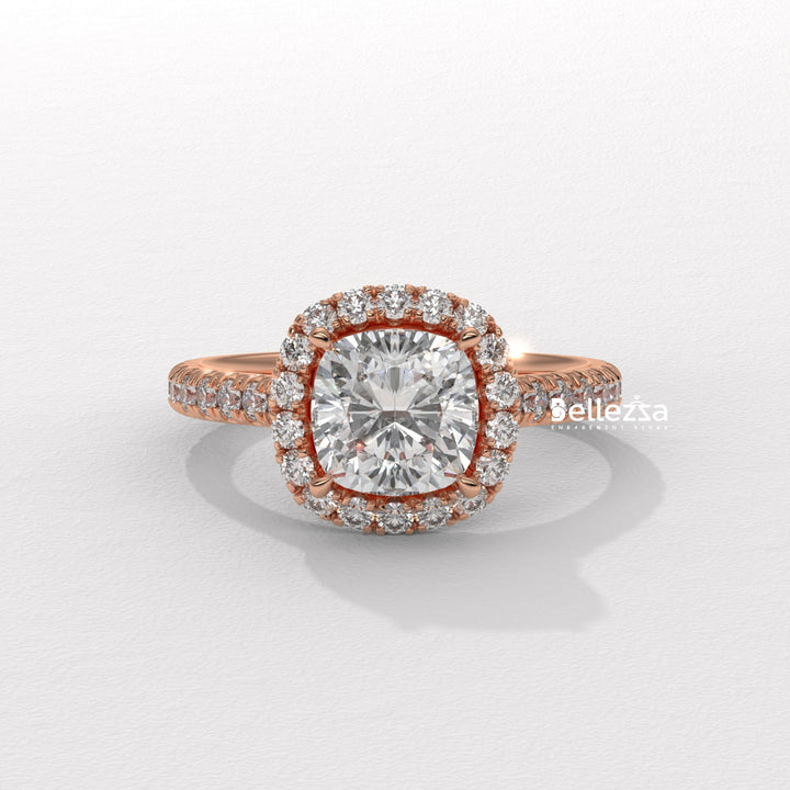 1.0-2.0CT Cushion Cut CVD Diamond Halo Pave Setting Engagement Ring