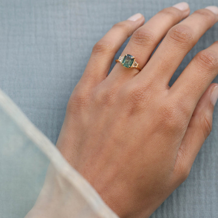 2.50CT Teal Sapphire Elongated Cushion Cut Three Stone Lab Grown Ring
