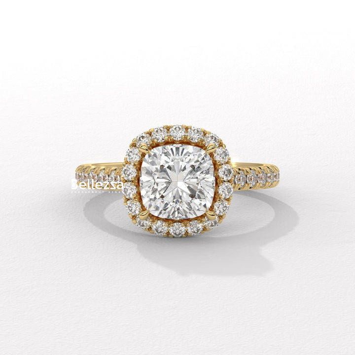 1.0-2.0CT Cushion Cut CVD Diamond Halo Pave Setting Engagement Ring