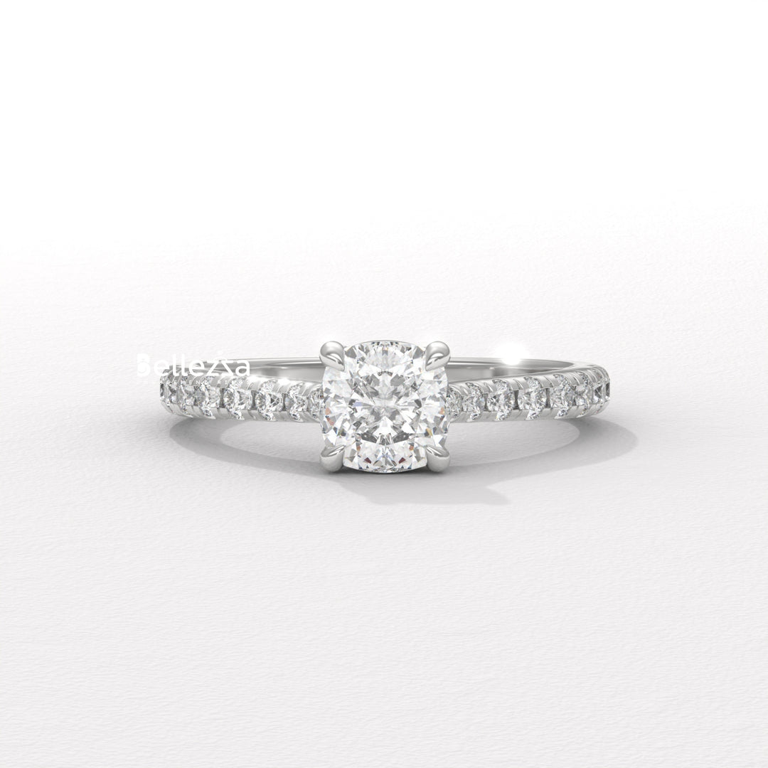 1.0-2.0CT Cushion Cut Pave Setting Lab Grown Engagement Ring