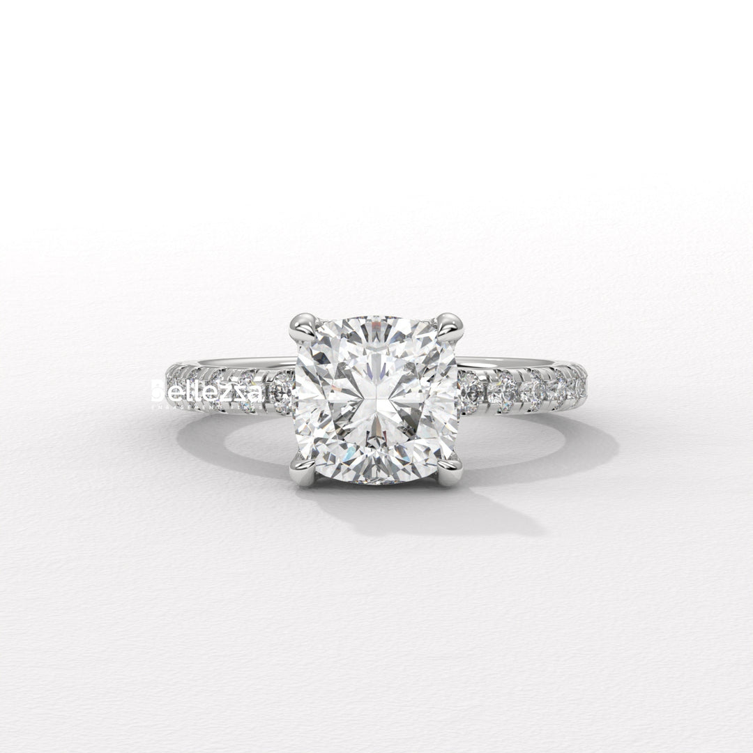1.0-2.0CT Cushion Cut Diamond Pave Setting Lab Grown Engagement Ring
