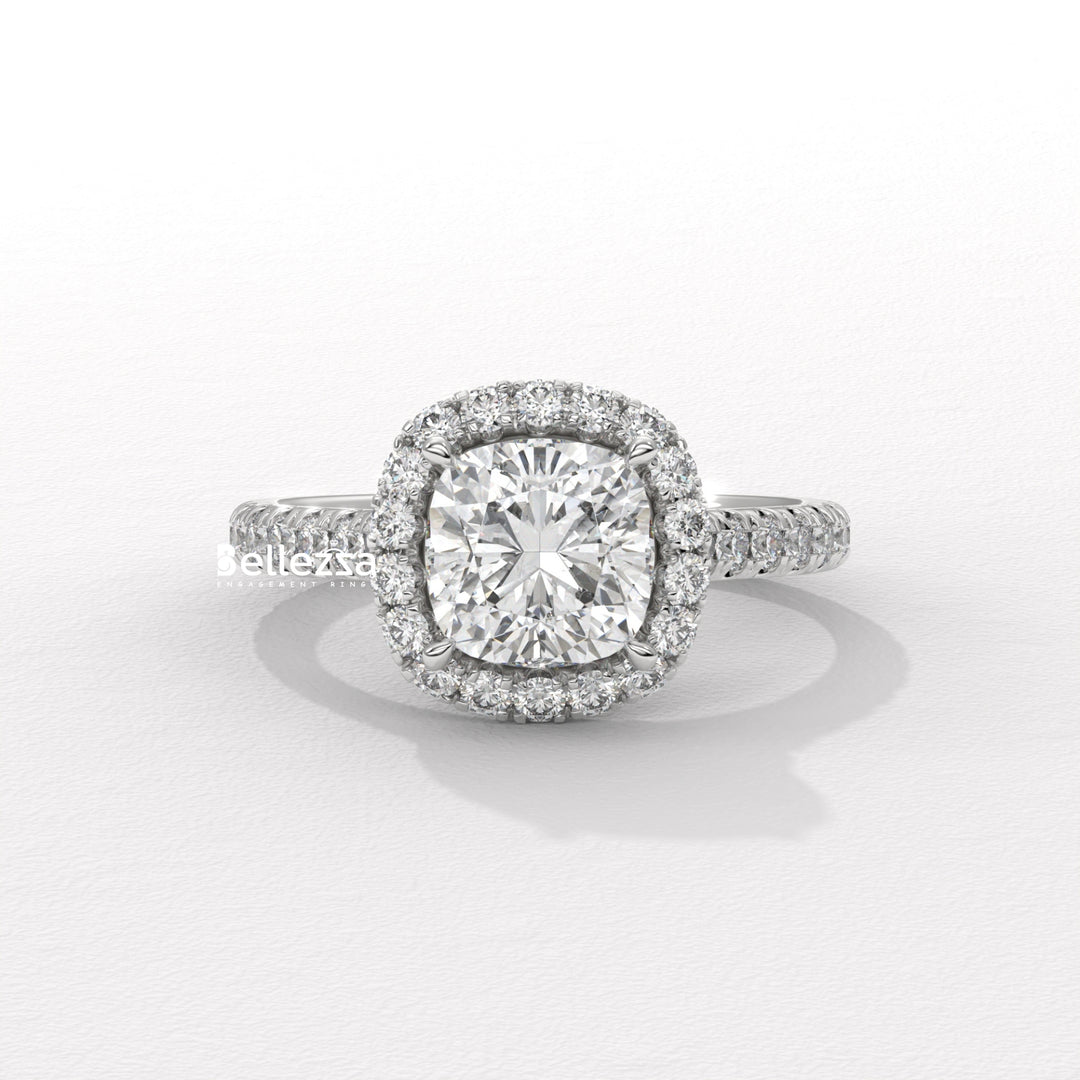 1.0-2.0CT Cushion Cut CVD Diamond Halo Pave Setting Engagement Ring
