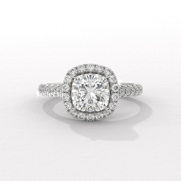 1.0-2.0CT Cushion Cut CVD Diamond Halo Pave Setting Engagement Ring