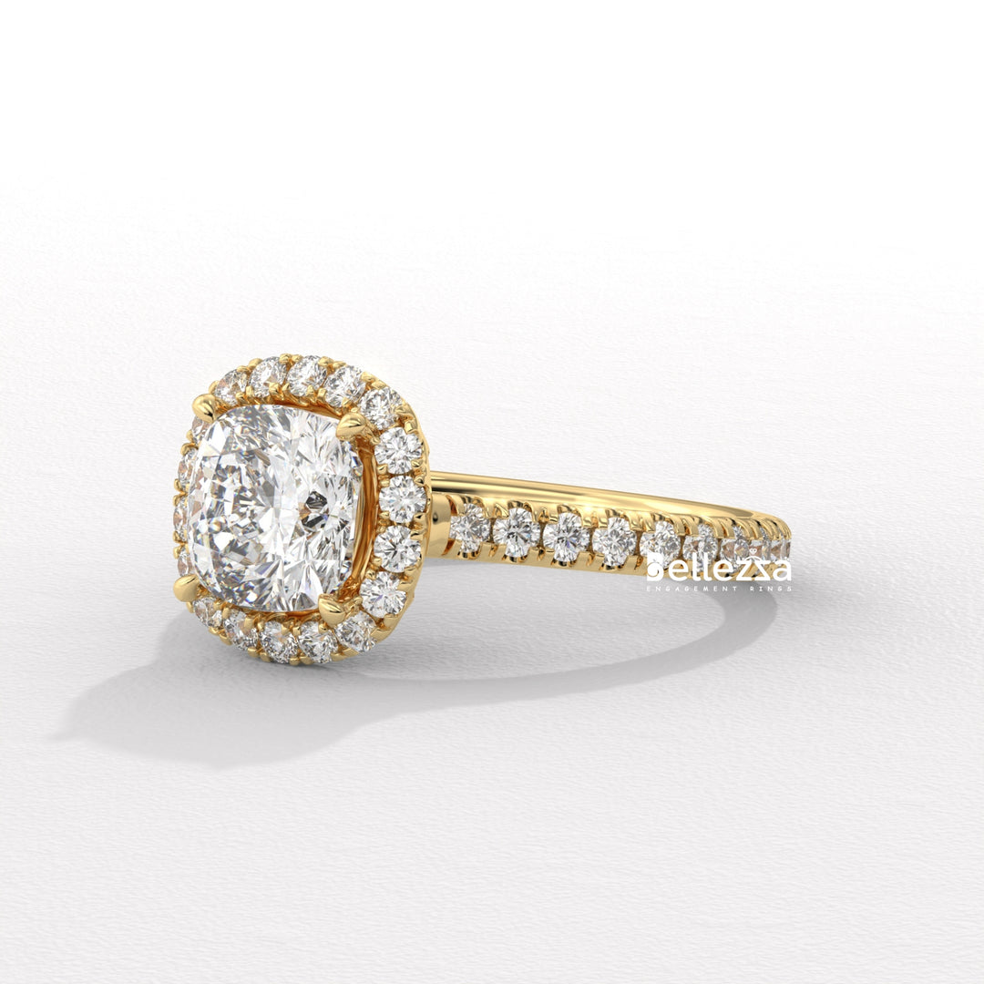 1.0-2.0CT Cushion Cut CVD Diamond Halo Pave Setting Engagement Ring