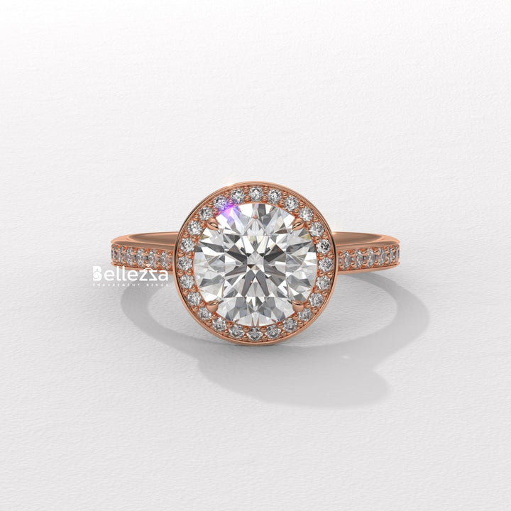 1.0-2.0CT Round Cut CVD Diamond Halo Pave Setting Engagement Ring