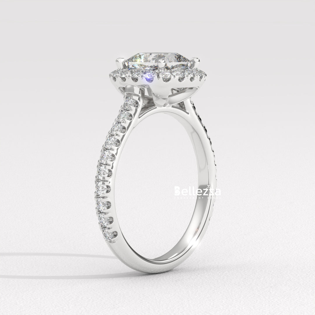 1.0-2.0CT Cushion Cut CVD Diamond Halo Pave Setting Engagement Ring