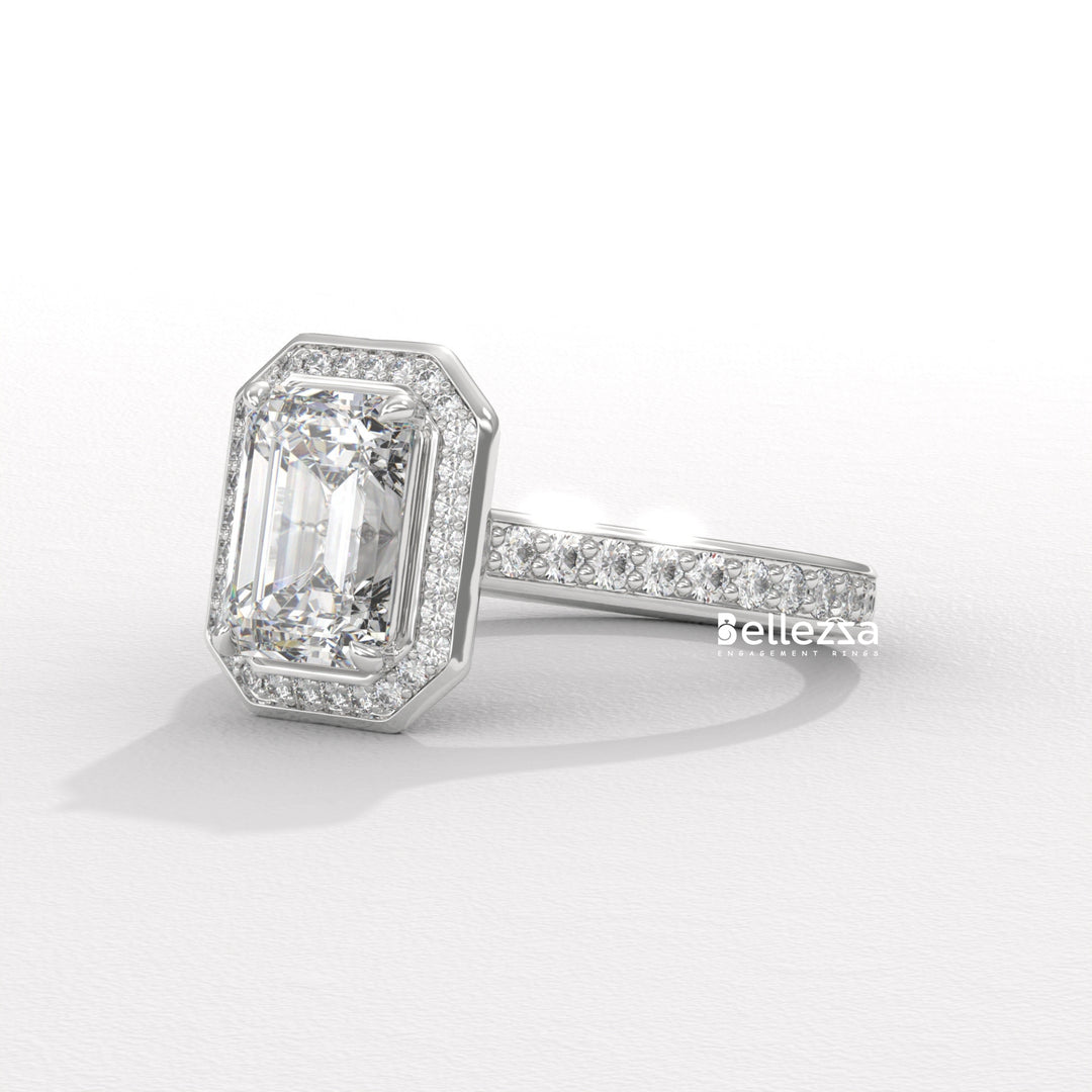 2.0-3.0CT Emerald Cut CVD Diamond Halo Pave Set Engagement Ring