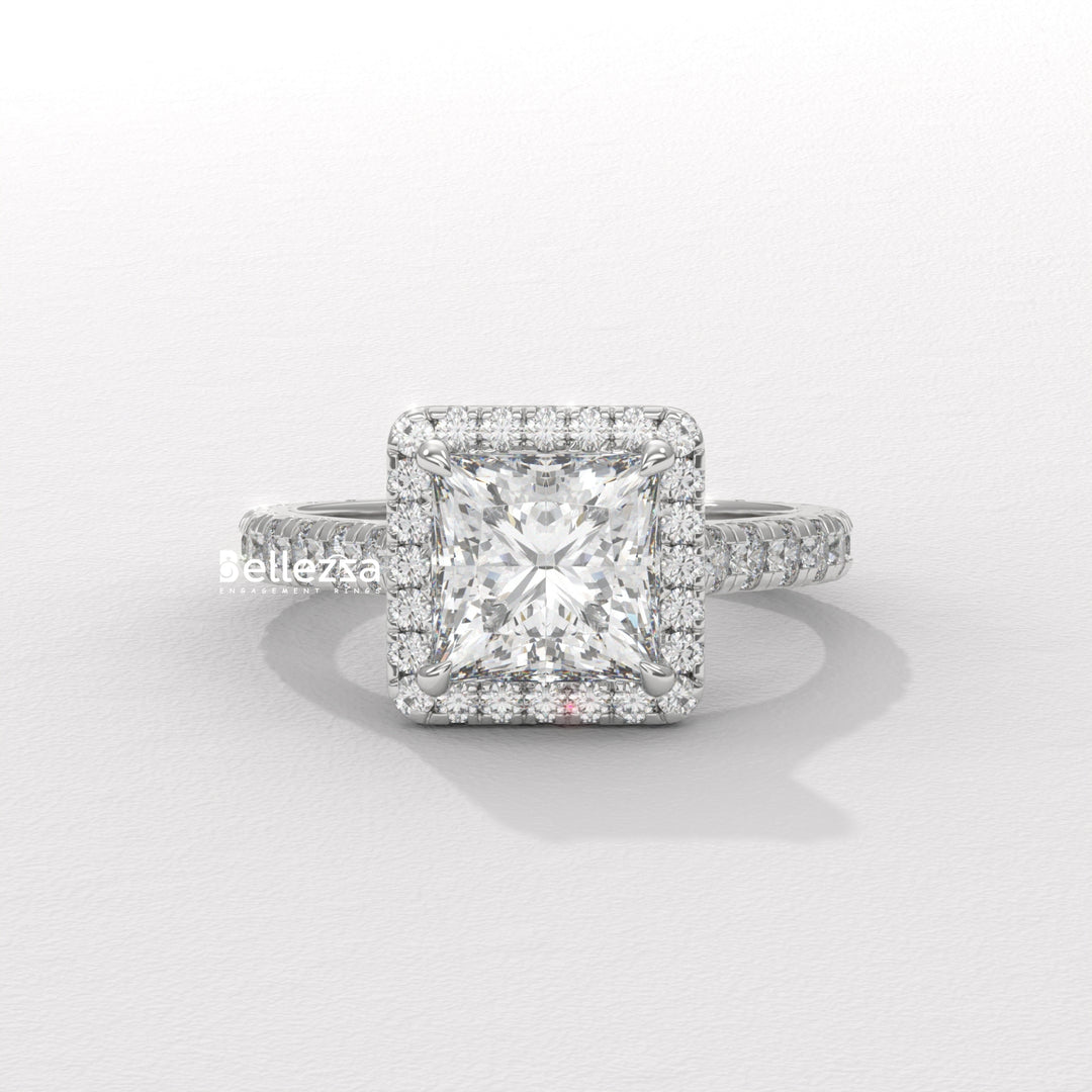 1.0-2.0CT Princess Cut Halo Pave Lab Grown Engagement Ring