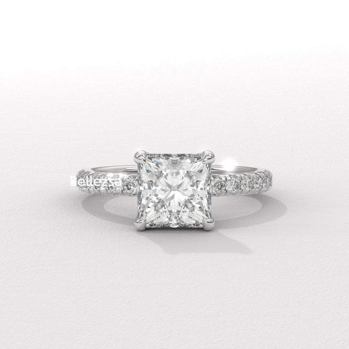 1.0-2.0CT Princess Cut CVD Diamond Pave Setting Engagement Ring
