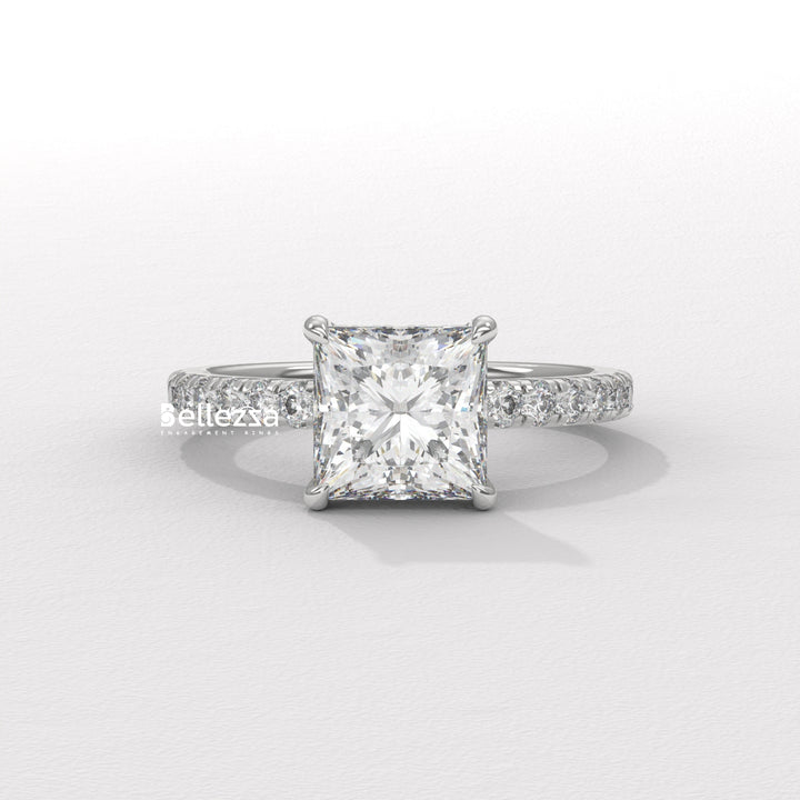 1.0-2.0CT Princess Cut Lab Grown Diamond Pave Setting Engagement Ring