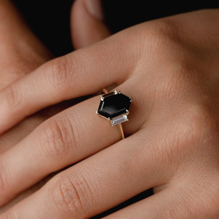 3.50CT Blue Sapphire Elongated Hexagon Diamond Three Stone Lab Grown Ring