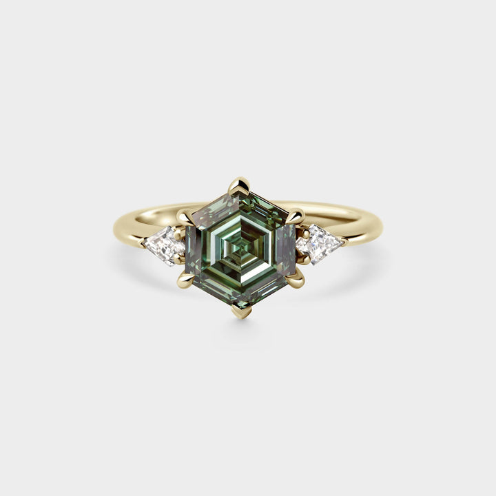 2.50CT Fancy Green Hexagon Diamond Three Stone Lab Grown Engagement Ring