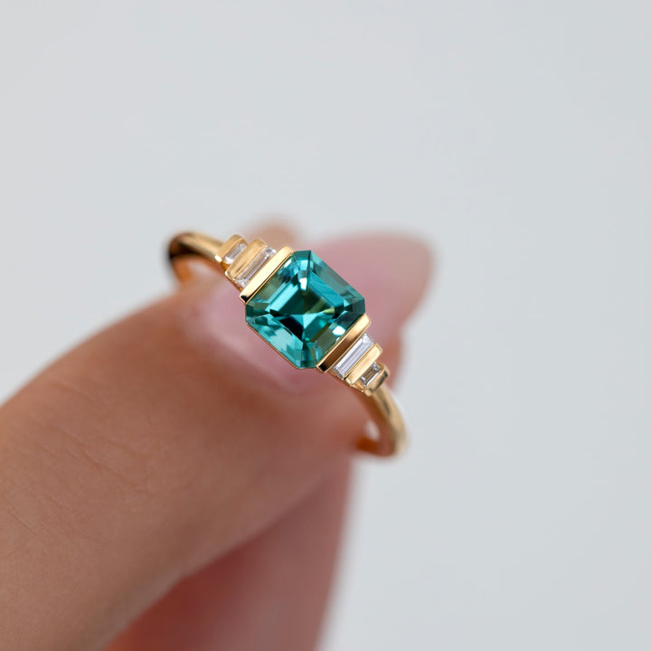 1.0CT Light Blue Asscher Diamond Five Stone Lab Grown Engagement Ring