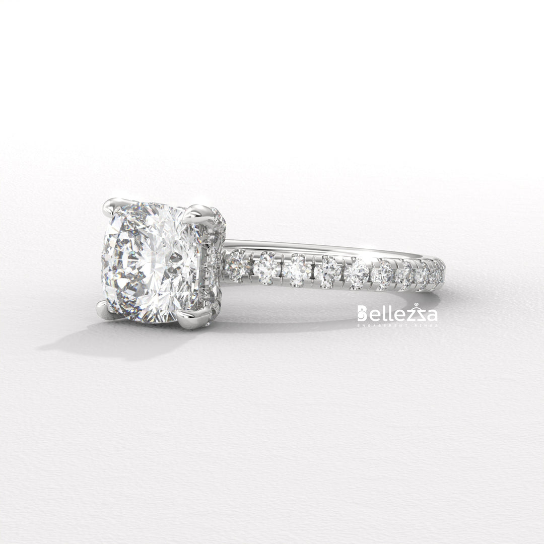 1.0-2.0CT Cushion Cut Diamond Pave Setting Lab Grown Engagement Ring