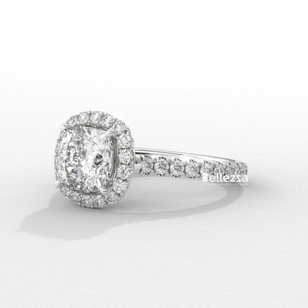 1.0-2.0CT Cushion Cut CVD Diamond Halo Pave Setting Engagement Ring