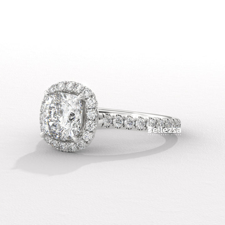 1.0-2.0CT Cushion Cut CVD Diamond Halo Pave Setting Engagement Ring