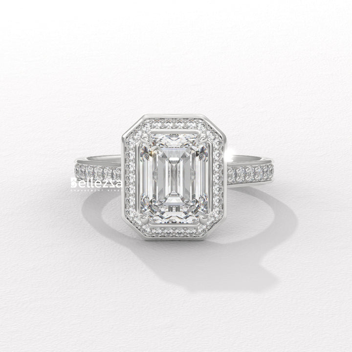 2.0-3.0CT Emerald Cut CVD Diamond Halo Pave Set Engagement Ring