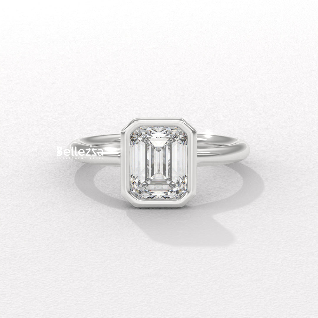 1.0-2.0CT Emerald Cut Bezel Setting Lab Grown Engagement Ring