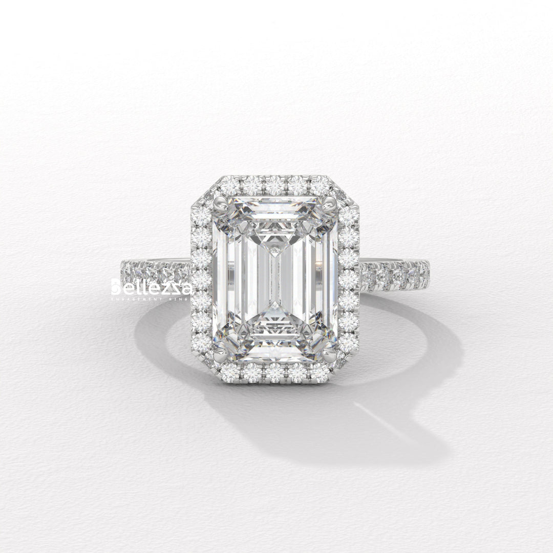 1.50-2.0CT Emerald Cut Halo Pave Setting CVD Diamond Engagement Ring